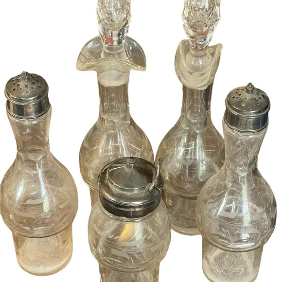 Antique Meriden B Company 5 Piece Condiment Set, Etched Glass, Spoon, 1852-1898 - Picture 10 of 16